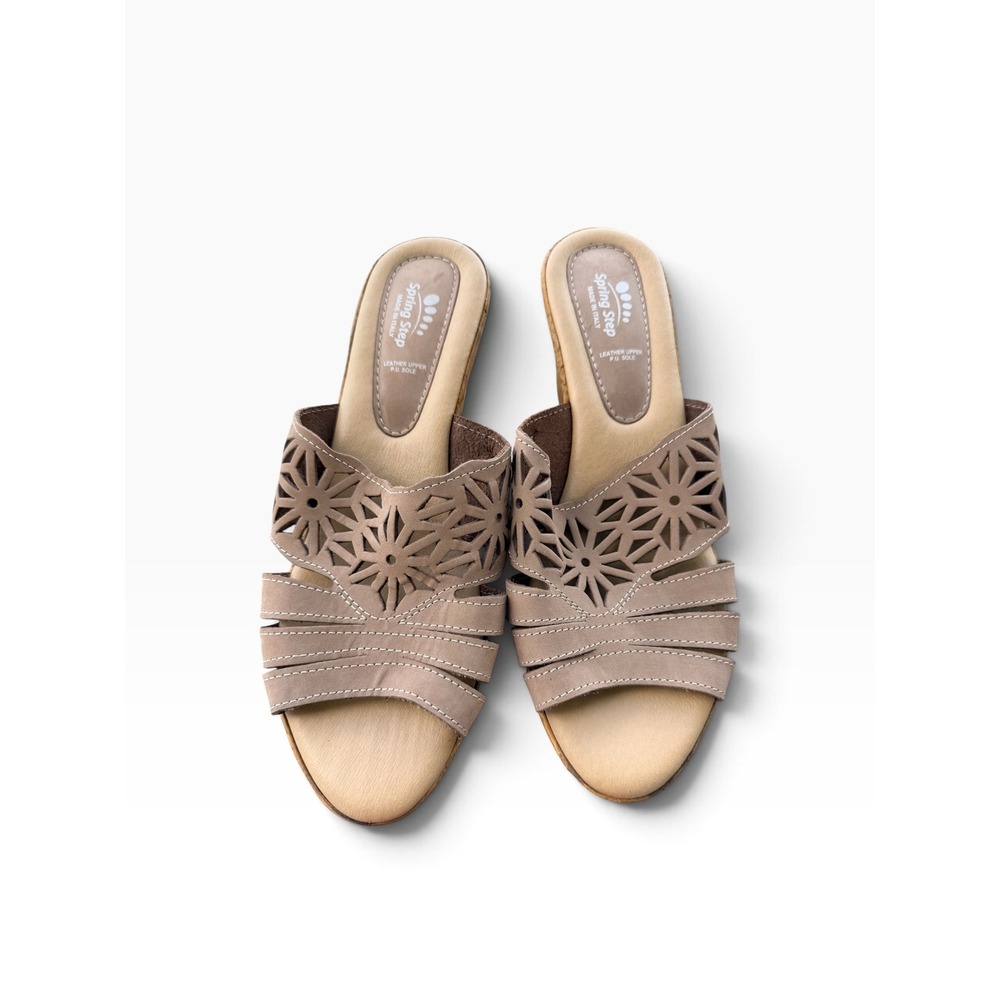 Spring Step Womens Laser Cut Leather Wedge Sandals Taupe Made in Italy Size 42